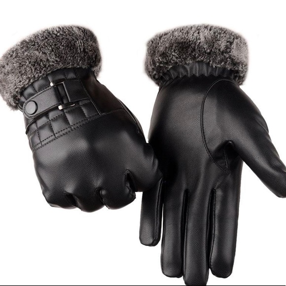 GENUINE LEATHER BLACK FUR GLOVES WINTER CHRISTMAS - Picture 3 of 5
